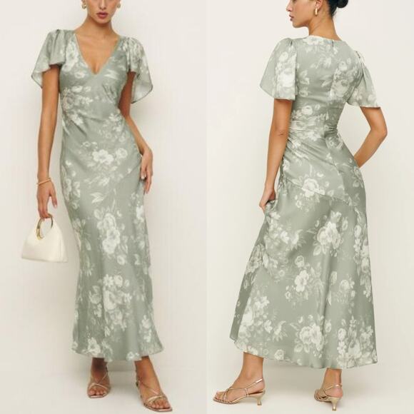 Reformation Vida Satin Maxi Dress NEW Vendela Floral V Neck Short Sleeves Size 2